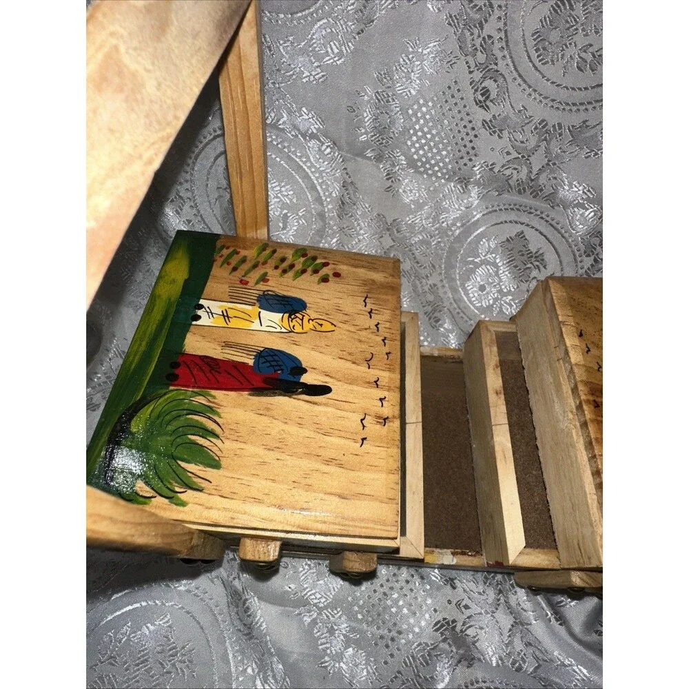 VTG Wood Fold-Out Sewing Box Hand Painted Mexico Double Handle Small 3 Tier